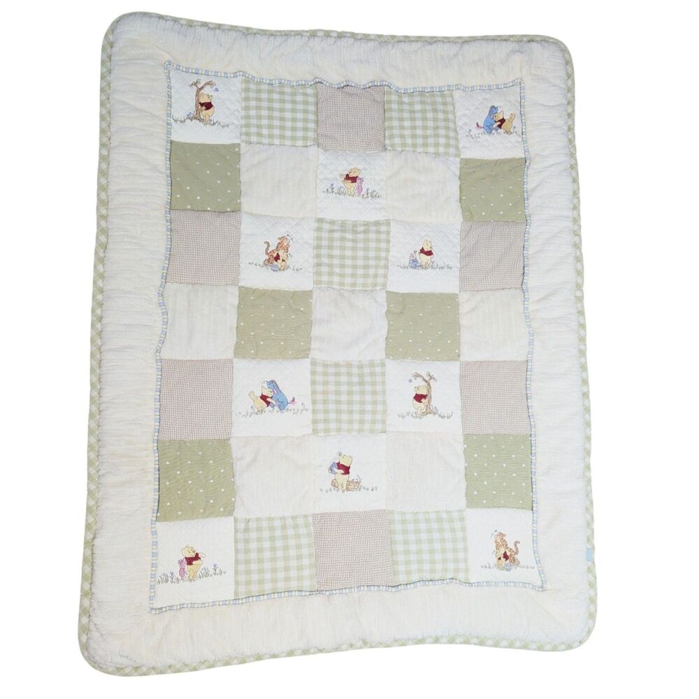 Vintage Winnie the Pooh Disney Crib Blanket Wall Hanging Cream Sage Embroidery